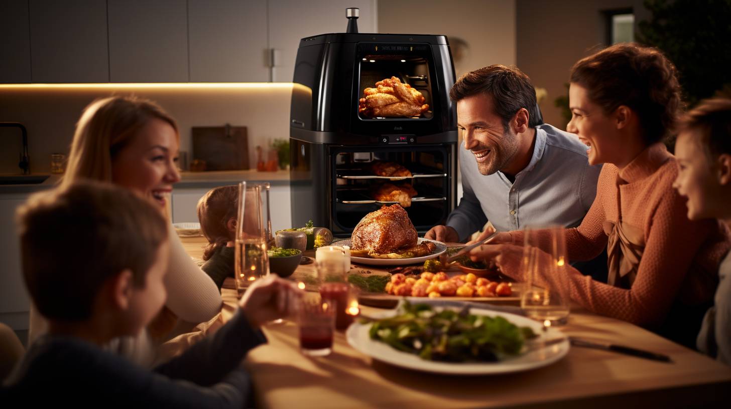 A family of two joyfully cooking together in a cozy kitchen setting, with an assortment of delicious, crispy dishes emerging from the fryer.