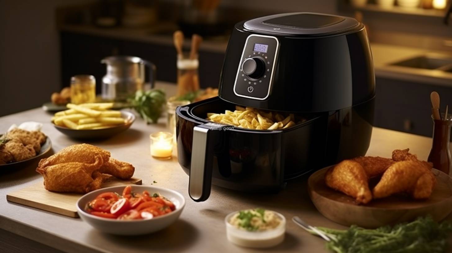 A spacious air fryer with a large cooking capacity, filled with crispy chicken wings, french fries, and onion rings, ideal for a family of three.