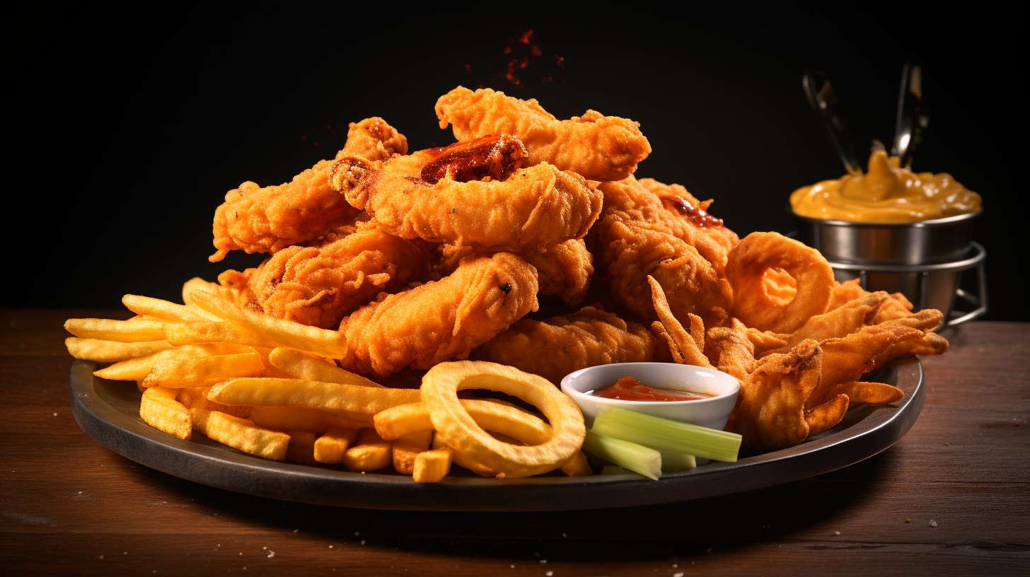 A large air fryer with four portions of crispy golden fries, juicy chicken wings, and mouthwatering onion rings, perfectly cooked to perfection, symbolizing the ideal size for a family of four.