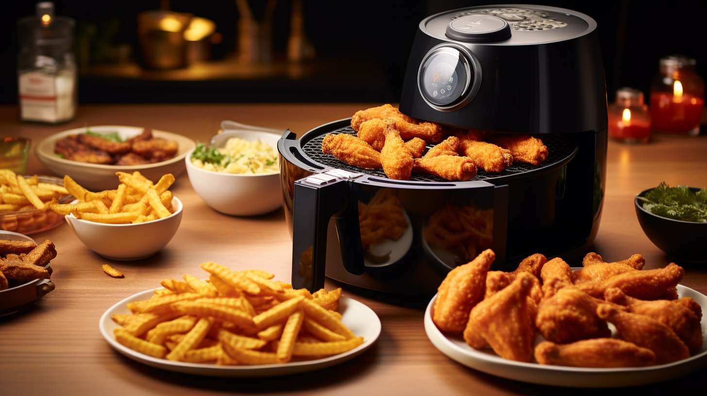 A spacious air fryer filled with golden crispy French fries, juicy chicken wings, and mouthwatering onion rings, enough to satisfy the hunger of a family of five.