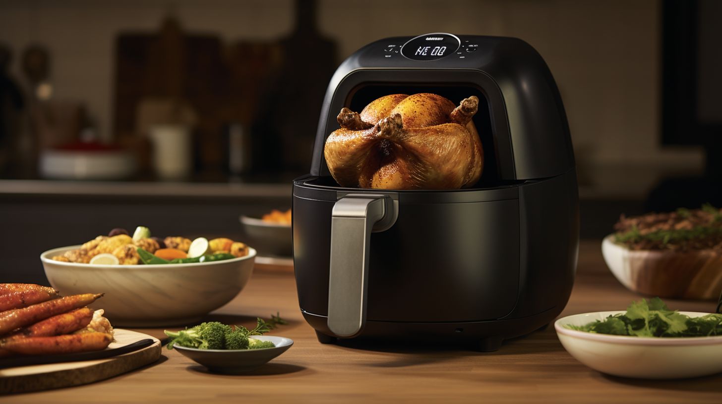 A large air fryer with a spacious interior, capable of flawlessly roasting a succulent whole chicken.