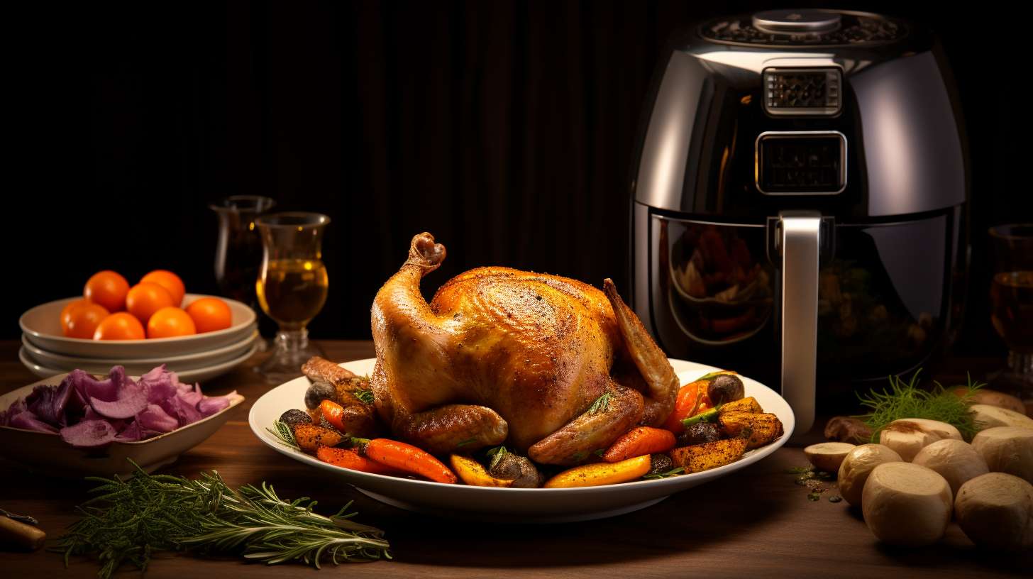A large air fryer with a perfectly seasoned and crispy golden roast chicken placed inside, surrounded by a colorful assortment of roasted vegetables.