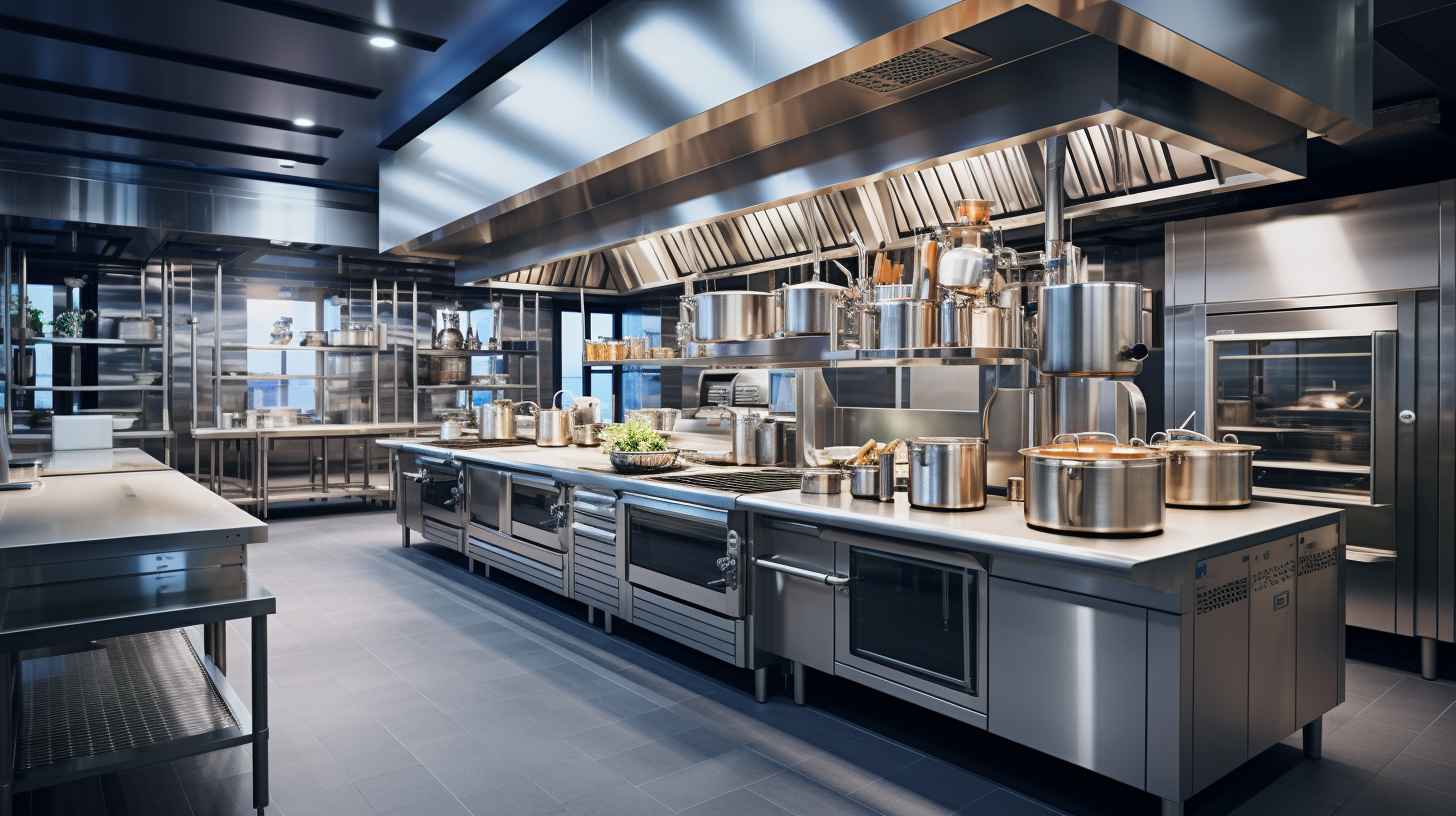 A spacious commercial kitchen with stainless steel countertops and shelves lined with sleek, industrial-sized air fryers, exuding professionalism and modernity.