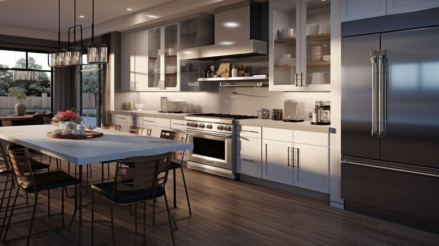 A spacious kitchen countertop adorned with a sleek, stainless steel air fryer towering above nearby appliances.