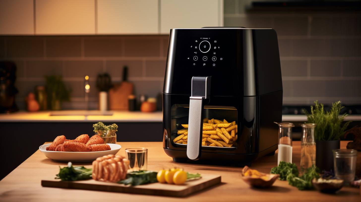 A spacious kitchen countertop filled with a sleek stainless-steel air fryer, featuring a large transparent cooking basket and a digital display, showcasing the modernity and generous size of air fryers.