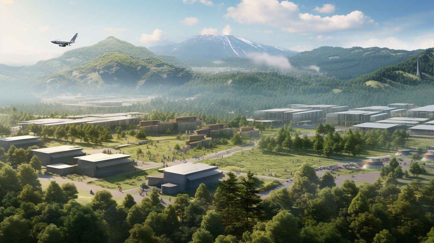 Aerial view of Camp Humphreys, showing its expansive grounds with modern military buildings, surrounded by lush greenery and majestic mountains in the background.