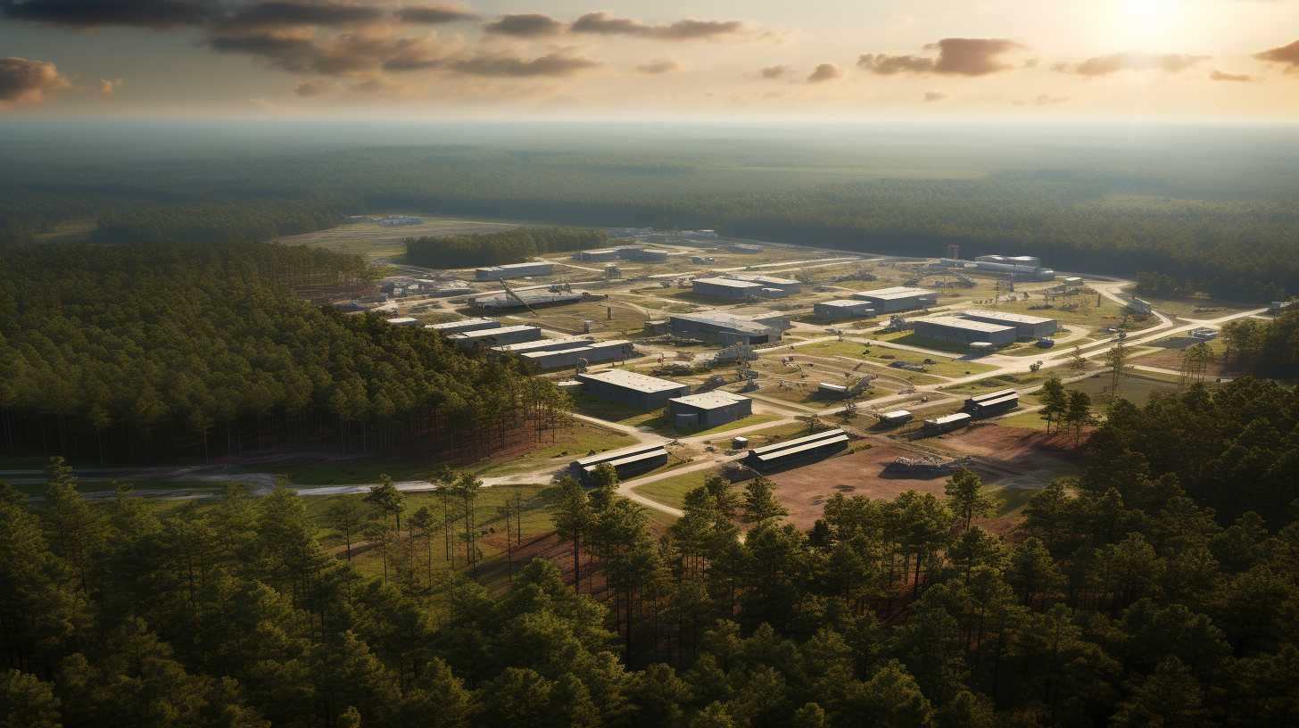 Aerial view of Camp Lejeune, showing its vastness with dense forests, winding rivers, expansive training grounds, and a bustling military base.