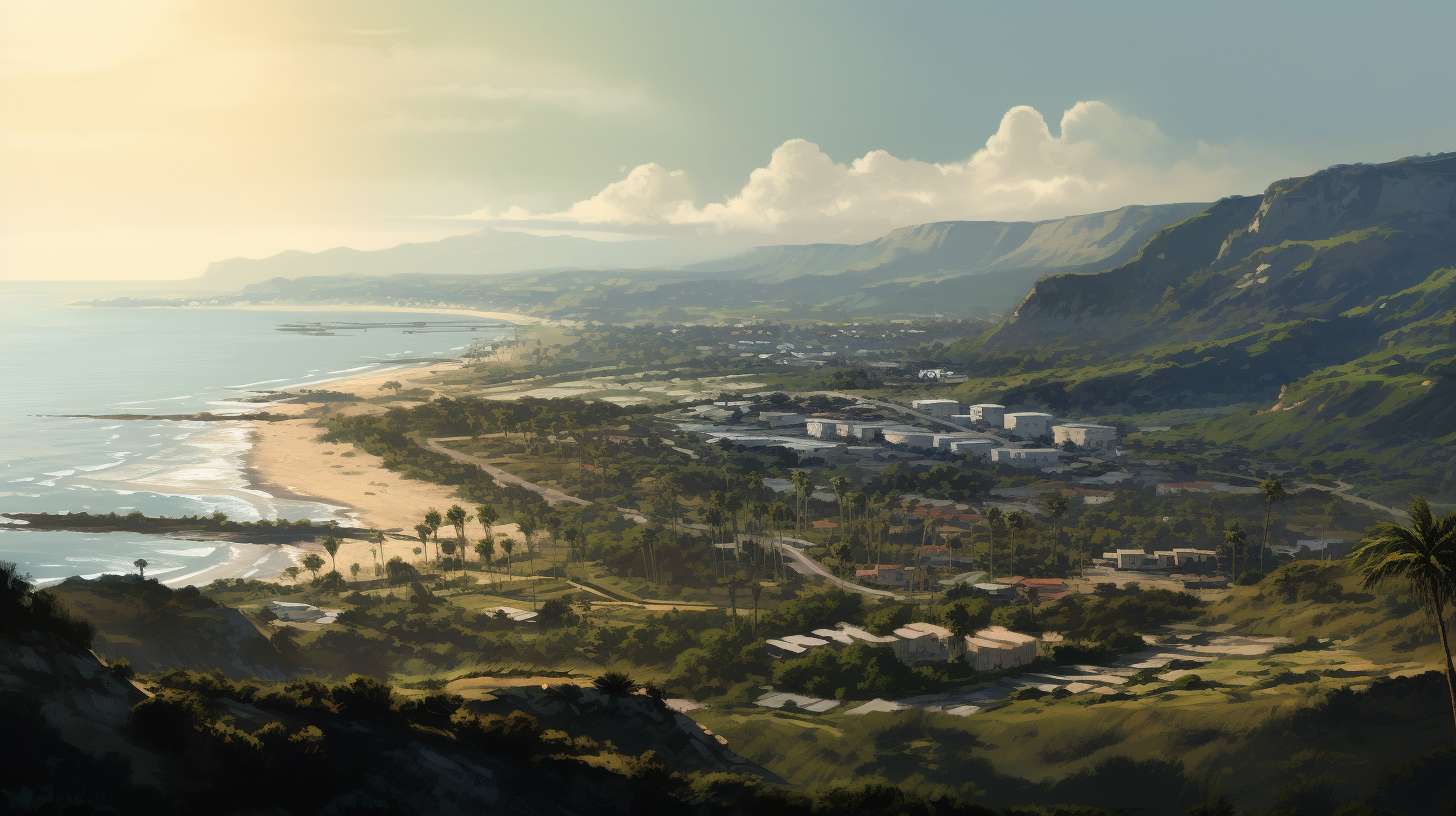 A breathtaking view of Camp Pendleton, California, showcasing its vast landscape with sprawling coastal beaches, rolling hills, interconnected roadways, and nearby communities.