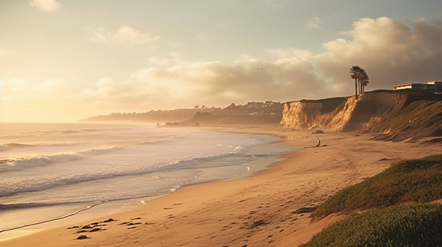 A breathtaking view of the expansive coastline of Camp Pendleton, California, with sandy beaches, rugged cliffs, crashing waves, and picturesque coastal scenery.