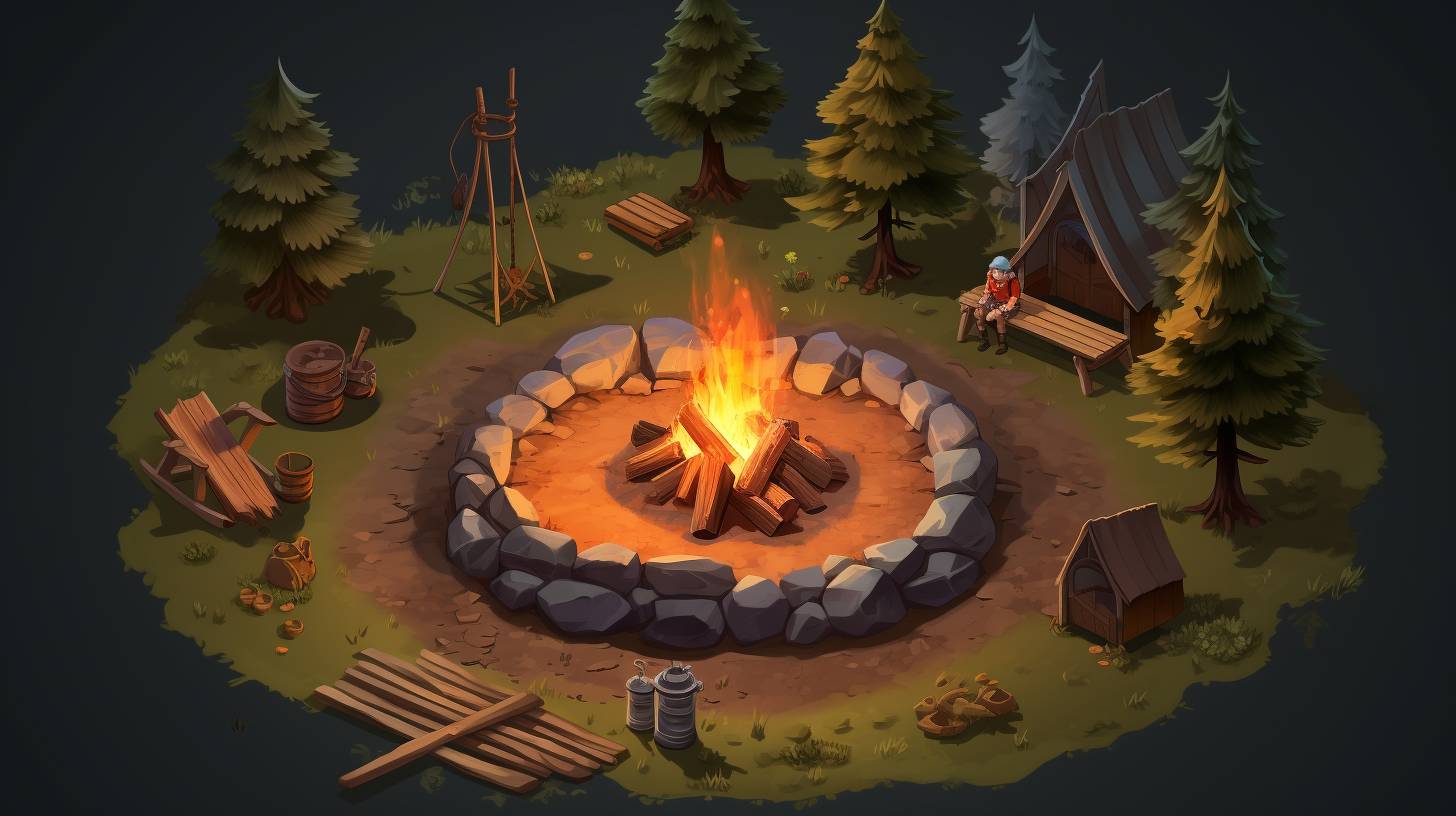 A well-maintained campfire setup with a stone fire ring, cleared surrounding area, stacked and dry firewood, a fire extinguisher nearby, and someone using a long tool to tend the fire.