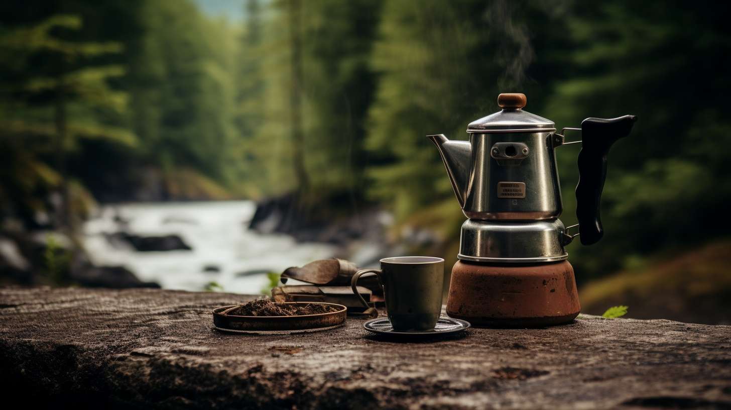 A camping coffee pot on a stove in a serene outdoor setting, with water boiling, coffee grounds steeping, and a rich aroma wafting upward.