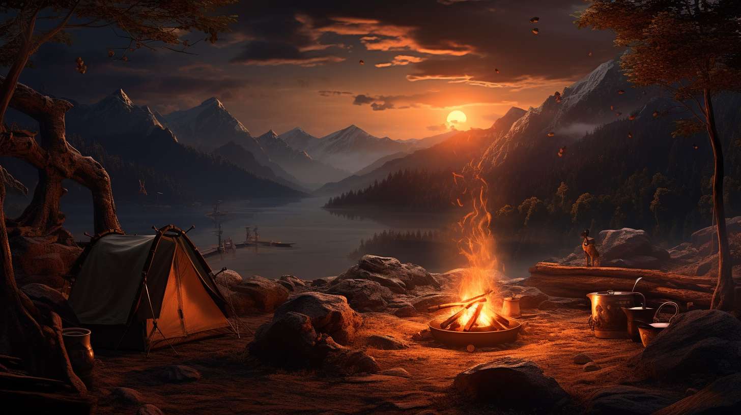 A rugged camping scene with a crackling campfire and a camping coffee pot resting on hot embers, surrounded by serene surroundings with steam rising from the pot.