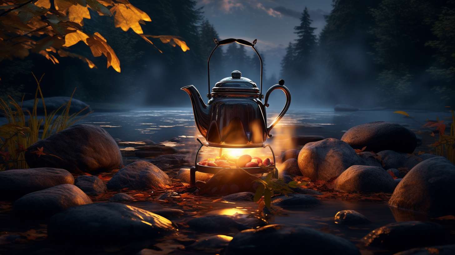 A serene campsite scene with a camping coffee pot placed on a propane stove. Water is being poured into the pot, cascading down in a mesmerizing flow, symbolizing the essential role of water in brewing coffee outdoors.