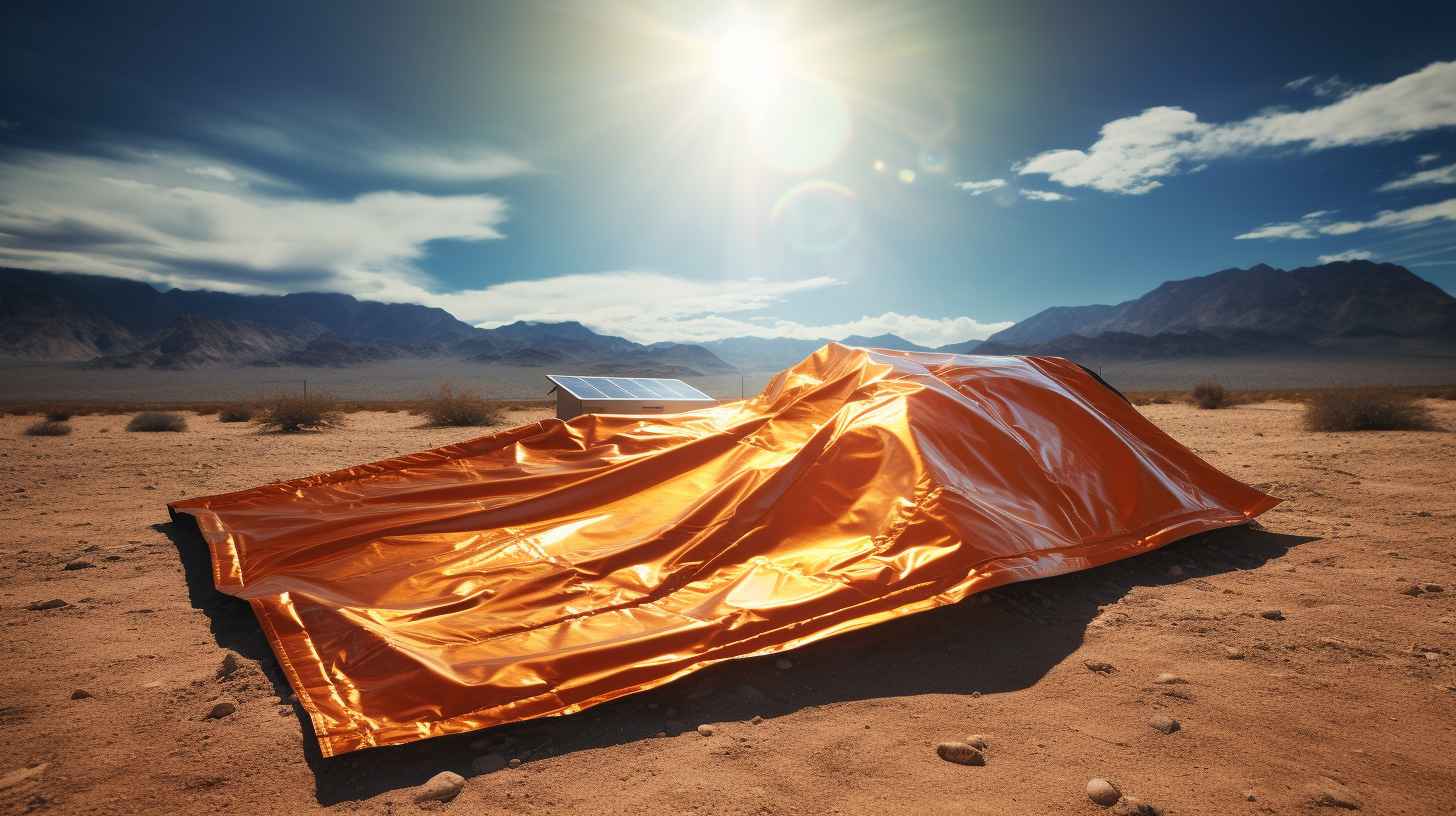 A camping solar blanket positioned under a bright, sunny sky, with photovoltaic cells absorbing sunlight to power camping equipment including a tent, a fan, and a phone charger.