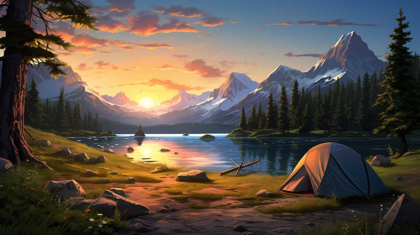 A panoramic view of a serene camping scene with a solar blanket spread on the ground, a tent, and camping gear suggesting an energy-efficient adventure.