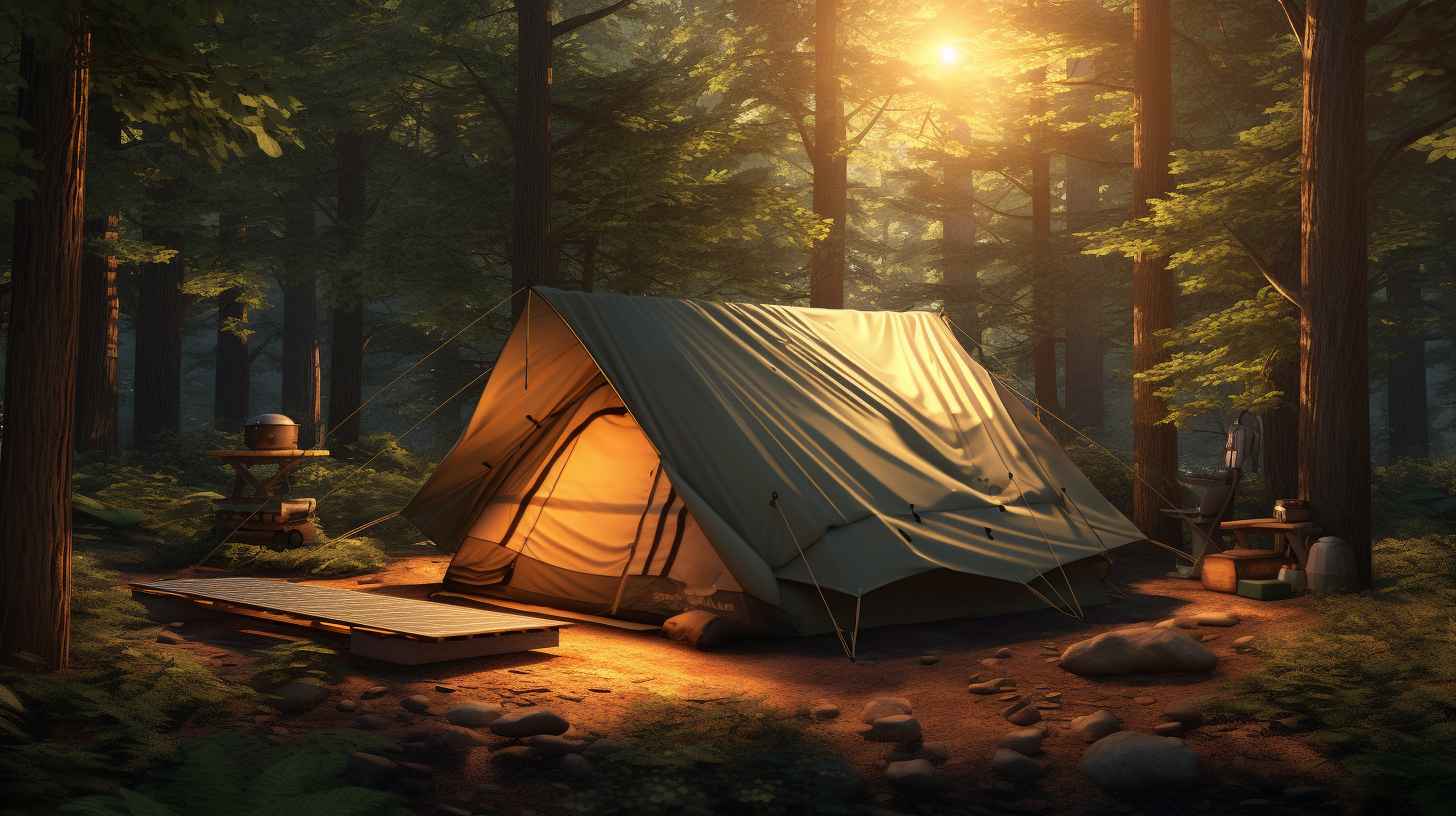 A serene campsite with a tent and a camping solar blanket placed on top, absorbing sunlight and converting it into energy.