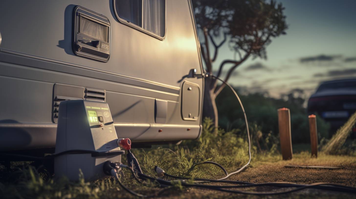 A well-equipped camping site in Australia with a power outlet and a sturdy electrical cord connecting to a camper van, demonstrating the process of accessing electricity at camping sites.