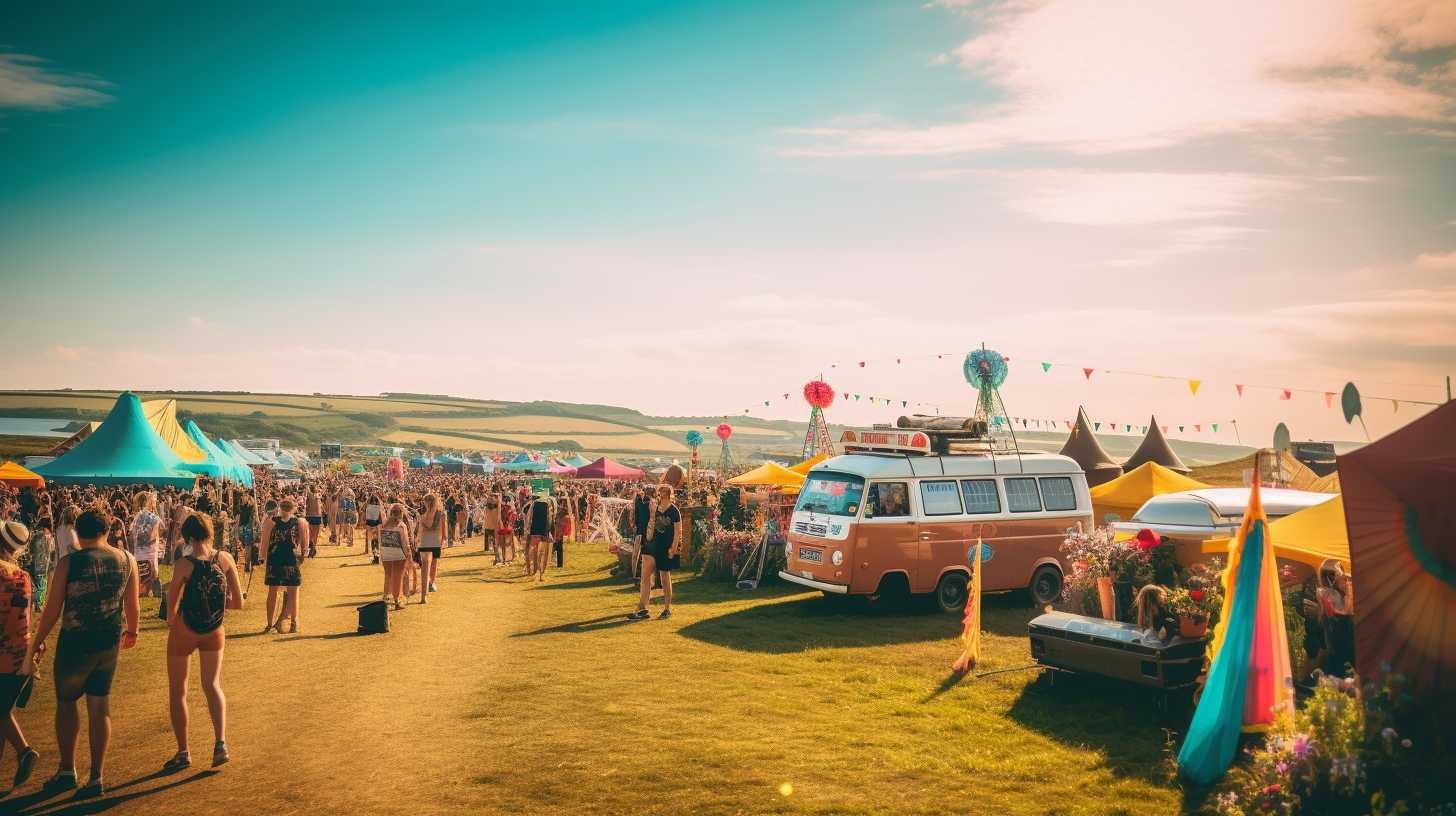 Excited campers in a colorful queue, surrounded by lush green fields and the festival's iconic signage at Boardmasters' arrival and check-in process.