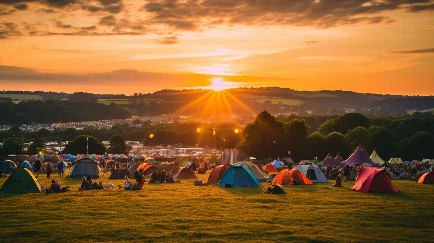 A vibrant tent village nestled amidst lush green fields at Boardmasters, with rows of colorful tents, campers enjoying bonfires, music, and outdoor activities, capturing the essence of the camping experience at the festival.