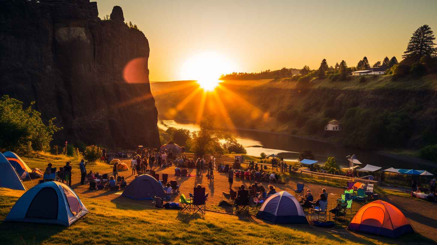 Sun setting behind towering cliffs with tents and RVs nestled amongst lush greenery at the Gorge Amphitheatre