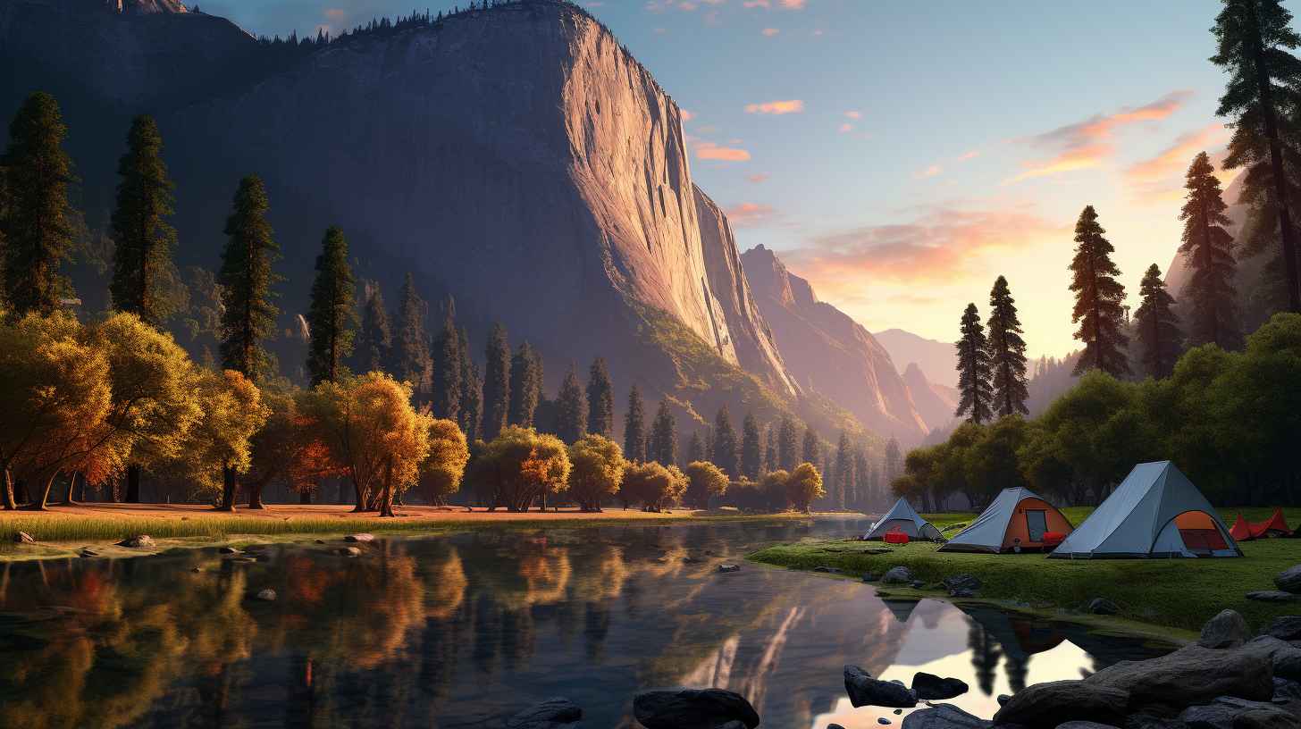 A serene view of Yosemite Valley at sunrise, with iconic granite cliffs, lush meadows, and campers setting up tents along the Merced River.