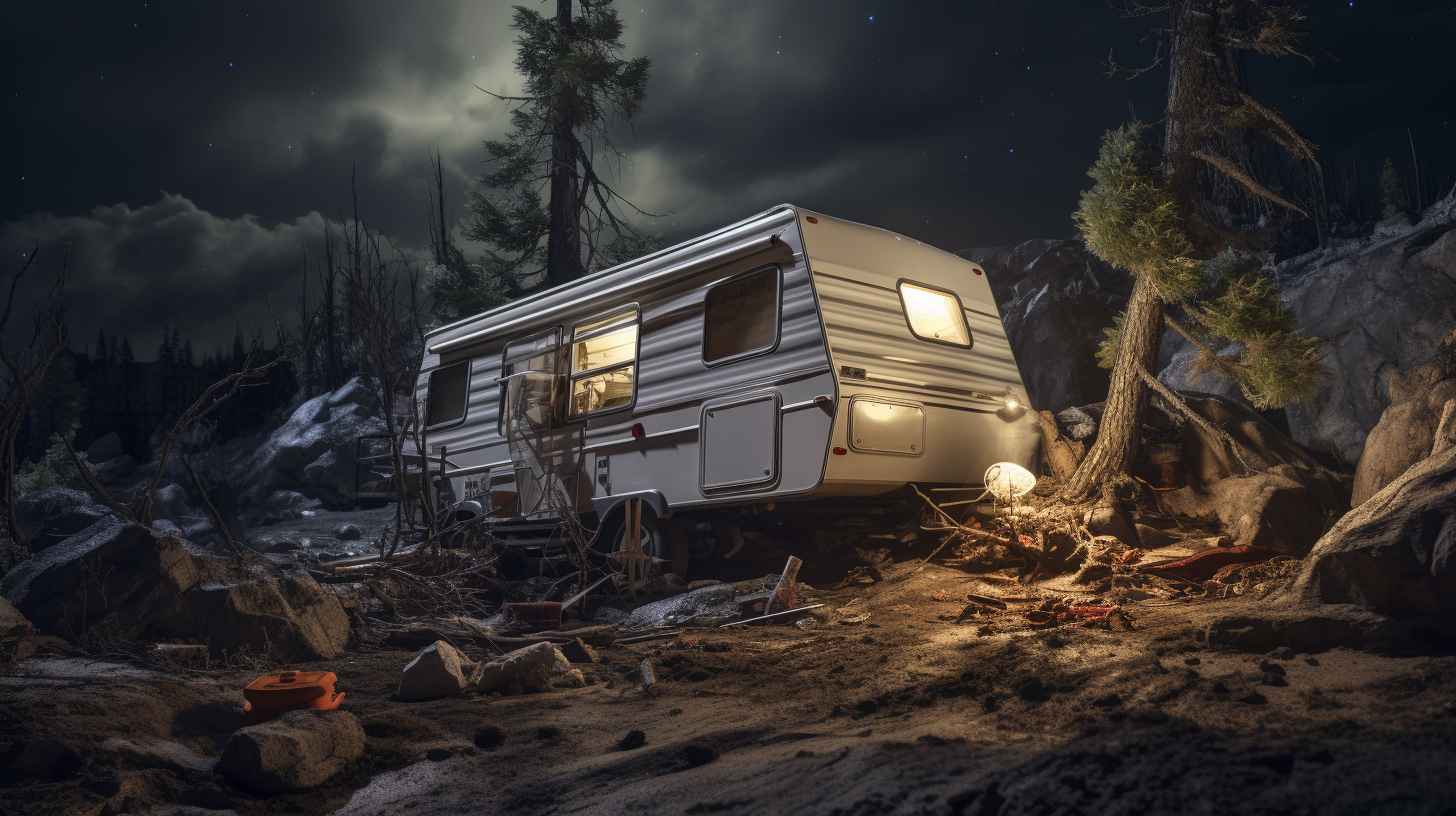 A camping trailer navigating uneven terrain, with rocks and tree roots, requiring precision and caution during the backup process.