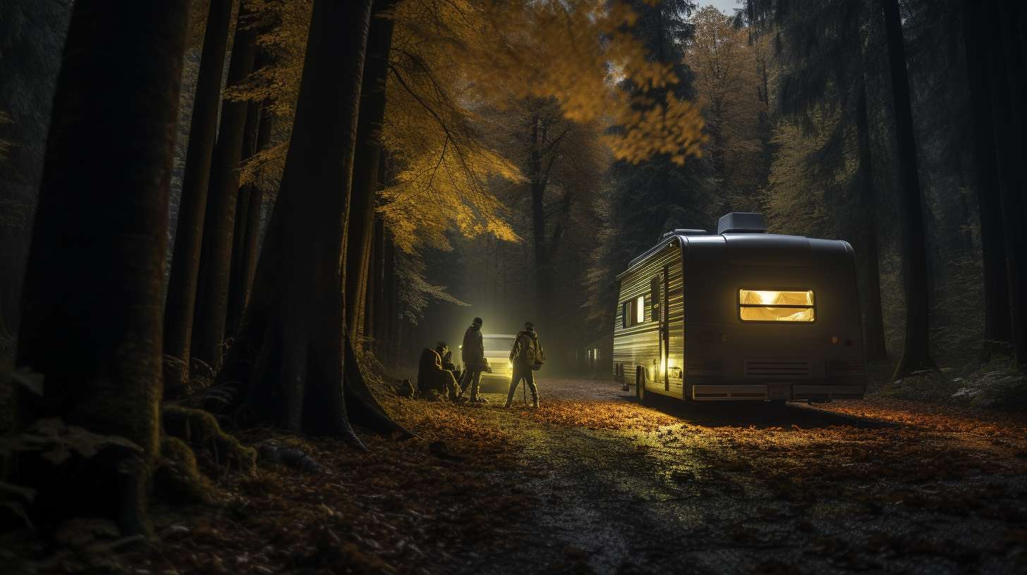 A driver's face filled with intense concentration as they carefully steer a camping trailer through a narrow gap between two trees, highlighting the challenges of navigating tight spaces during trailer backup.