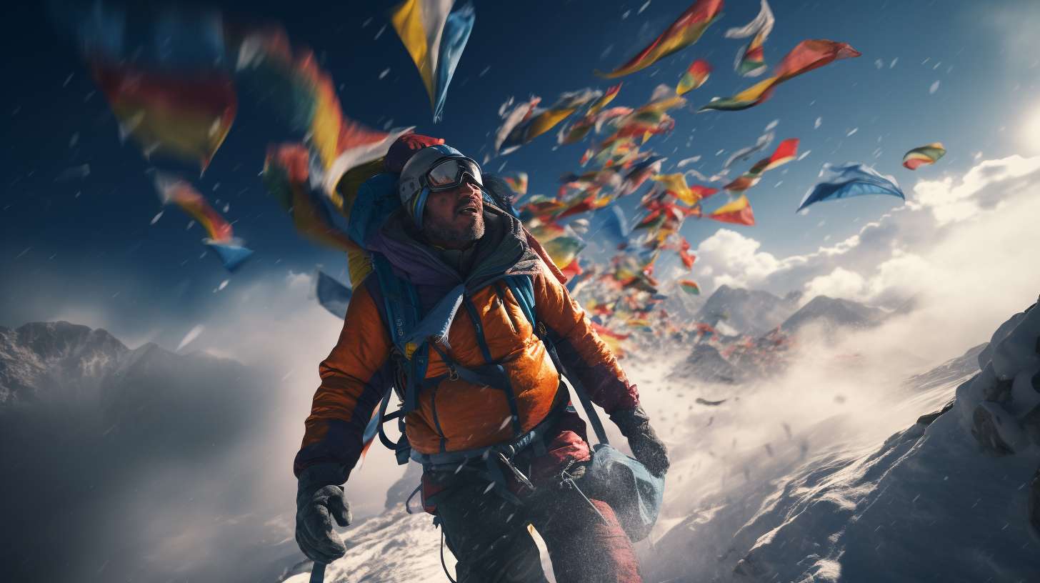 Climbers wearing oxygen masks slowly ascending steep snowy slopes with prayer flags fluttering in the wind at High Base Camp Everest.