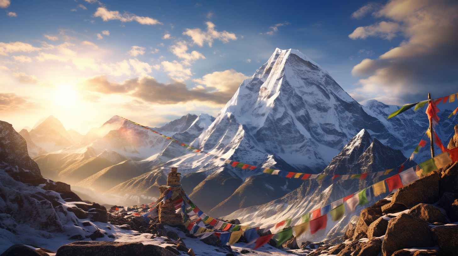 A breathtaking view of High Base Camp Everest, with majestic snow-capped peaks, a winding trail through rocky terrain, vibrant prayer flags fluttering in the wind, and courageous mountaineers embarking on a challenging ascent.