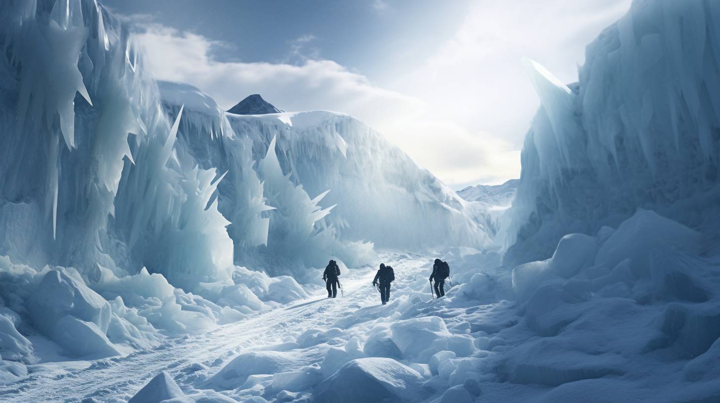 Trekkers navigating through towering ice formations in the awe-inspiring Khumbu Icefall, showcasing the challenging yet rewarding journey to Everest Base Camp.