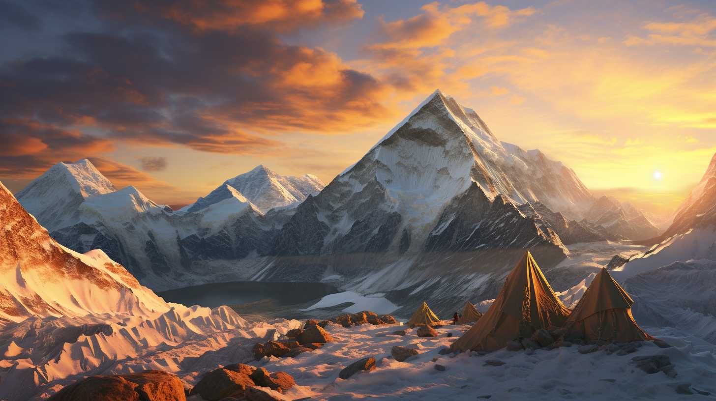 Awe-inspiring panoramic view of towering peaks, winding glaciers, and the vast expanse of the Himalayas under a golden sunset sky from Camp 2 on Everest.