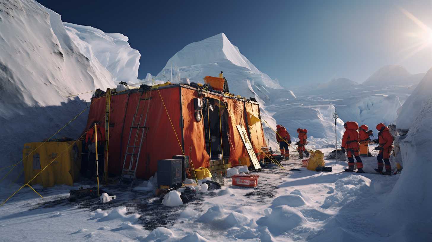 Climbers securely tethered to fixed ropes, ice screws firmly anchored, and a visible medical station equipped with emergency supplies at Camp 2 on Everest.