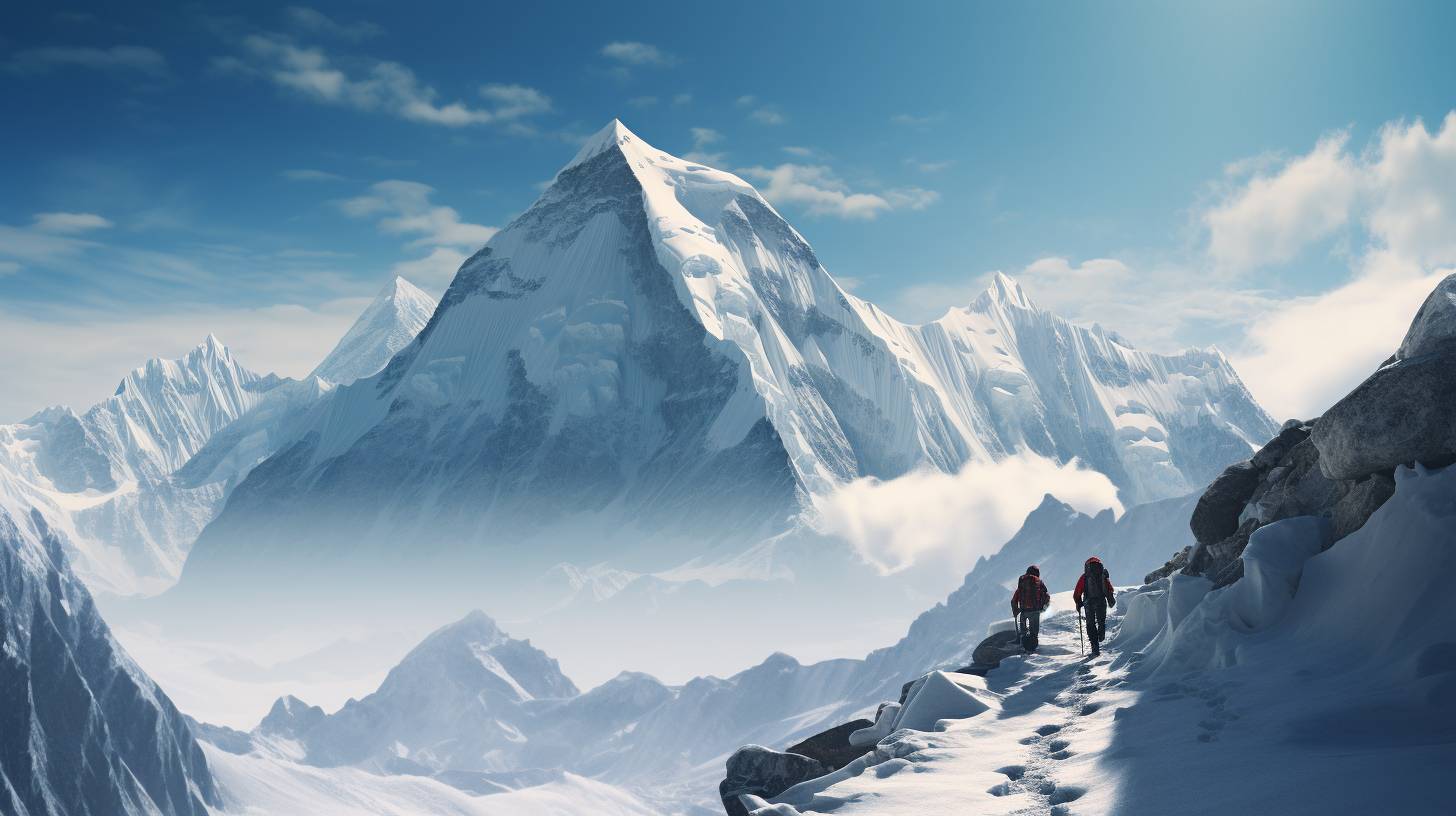 Climbers ascending the treacherous slopes of Mount Everest towards Camp 2, with vast icy terrain and distant peaks shrouded in mist, evoking a sense of the daunting height at high altitude.