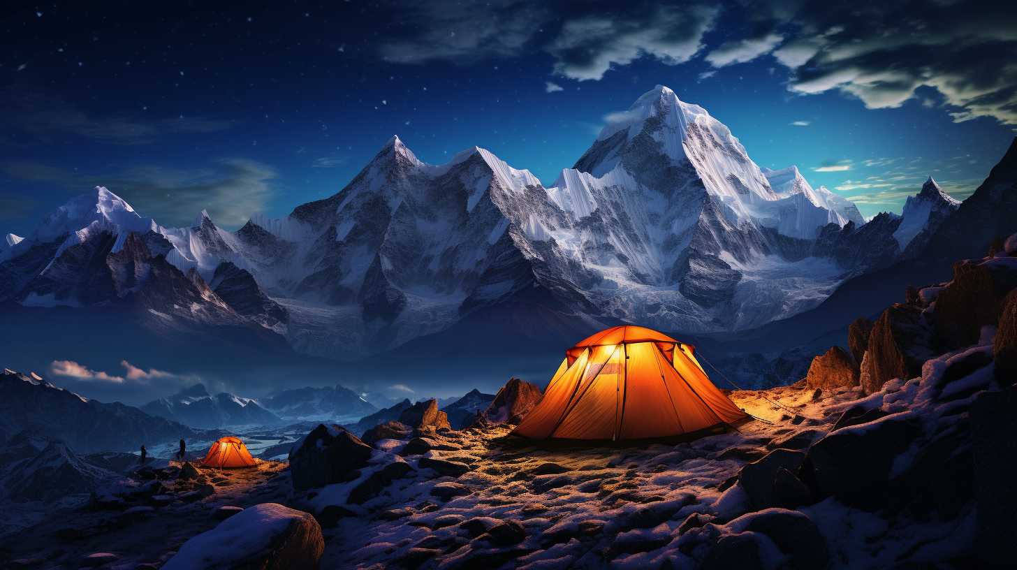 Awe-inspiring view of Camp 4 on Everest with towering Himalayan peaks, thin air, and determined climbers ascending towards the summit.