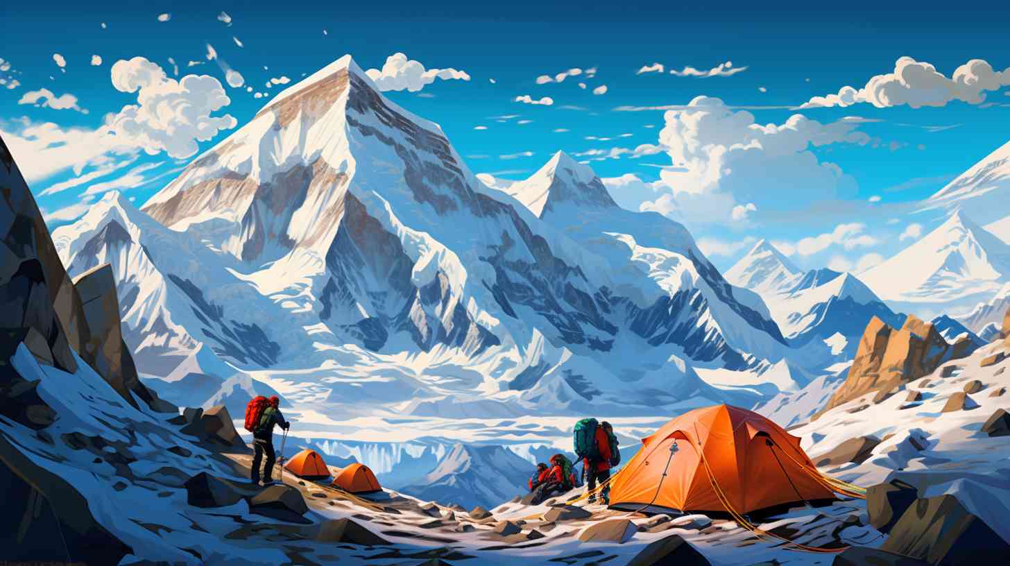 Climbers adjusting to high altitude at Camp 4 on Mount Everest, surrounded by rugged terrain, colorful tents, oxygen cylinders, and displaying determination in acclimatizing.