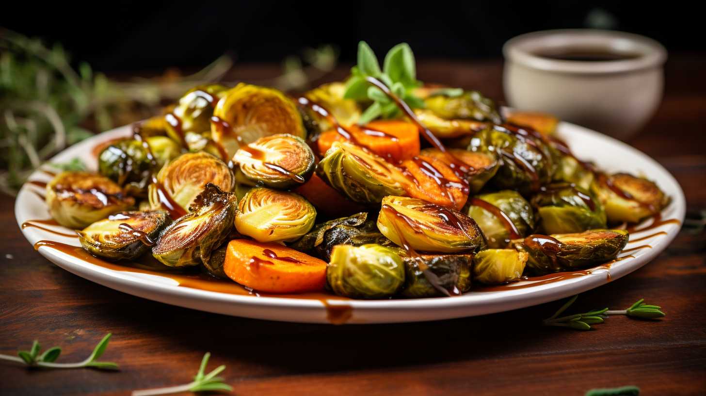 A platter of golden-brown, crispy Air Fryer Brussels sprouts surrounded by vibrant roasted carrots, drizzled with tangy balsamic glaze, and garnished with fragrant thyme leaves.