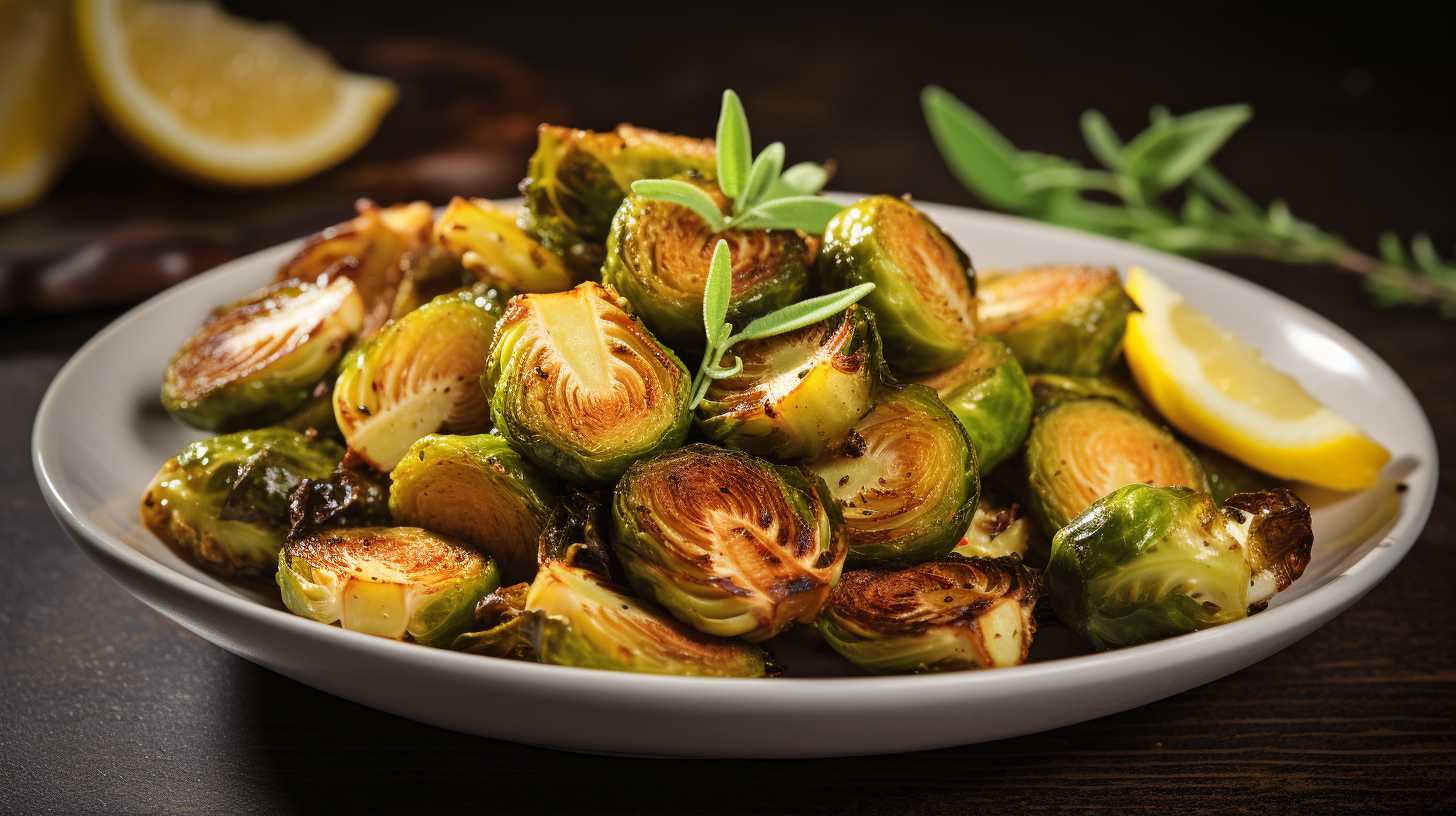 Plate of crispy, golden Brussels sprouts fresh out of the air fryer, beautifully seasoned with a variety of herbs and spices.