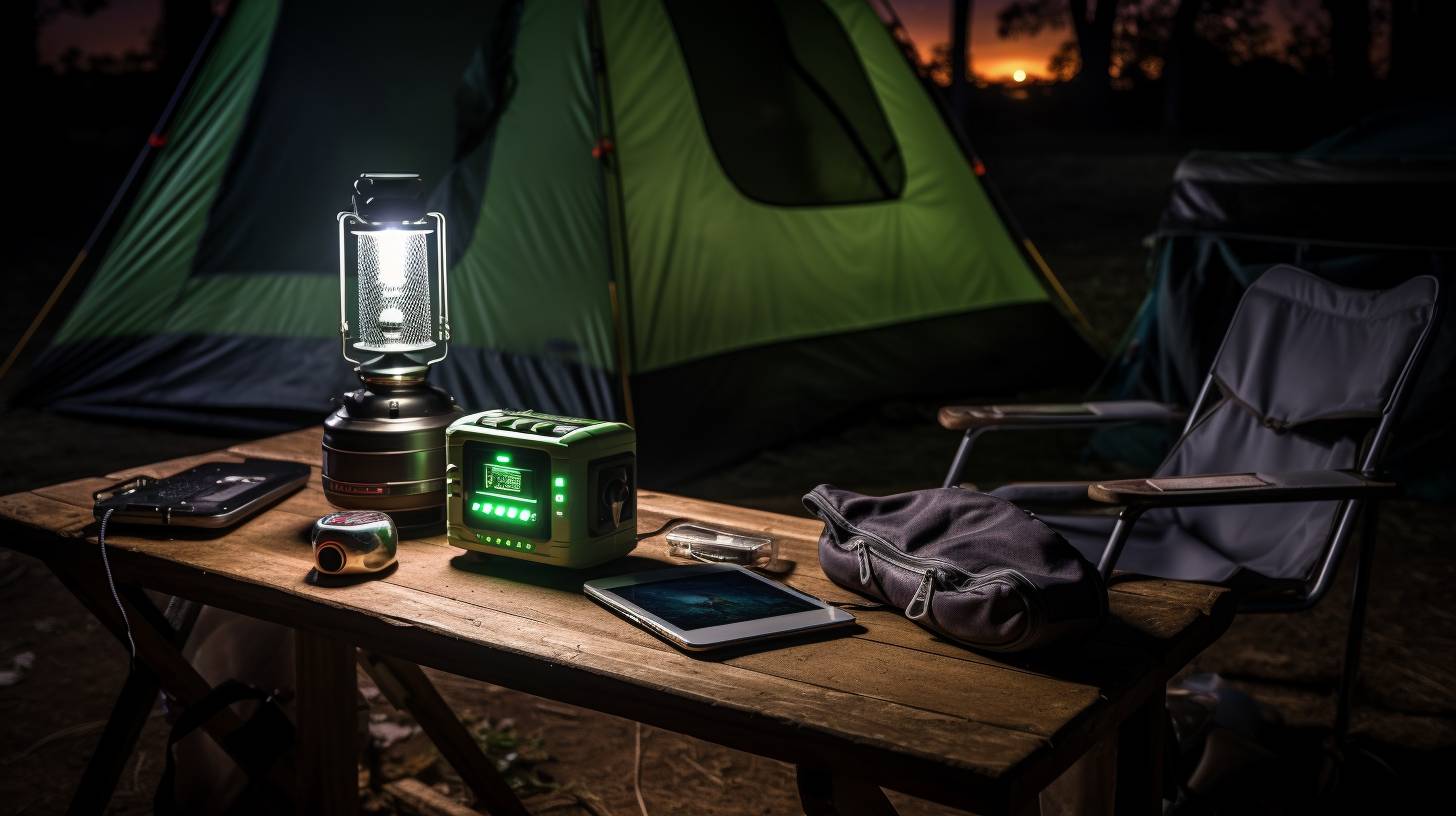 A camping setup with a battery-powered lantern, fan, and phone charger in use. The image shows the gradual depletion of battery levels over time, emphasizing the impact of usage on battery longevity.