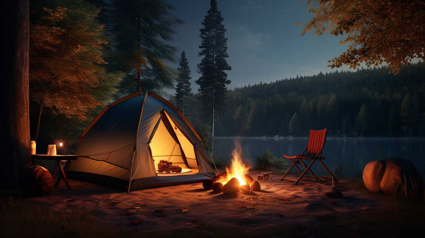 A serene camping scene with a cozy tent illuminated by a softly glowing lantern amidst towering pine trees.