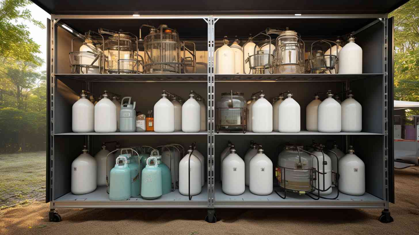 Neatly organized storage area with upright camping propane tanks in excellent condition, clearly labeled with purchase dates and last inspection dates.