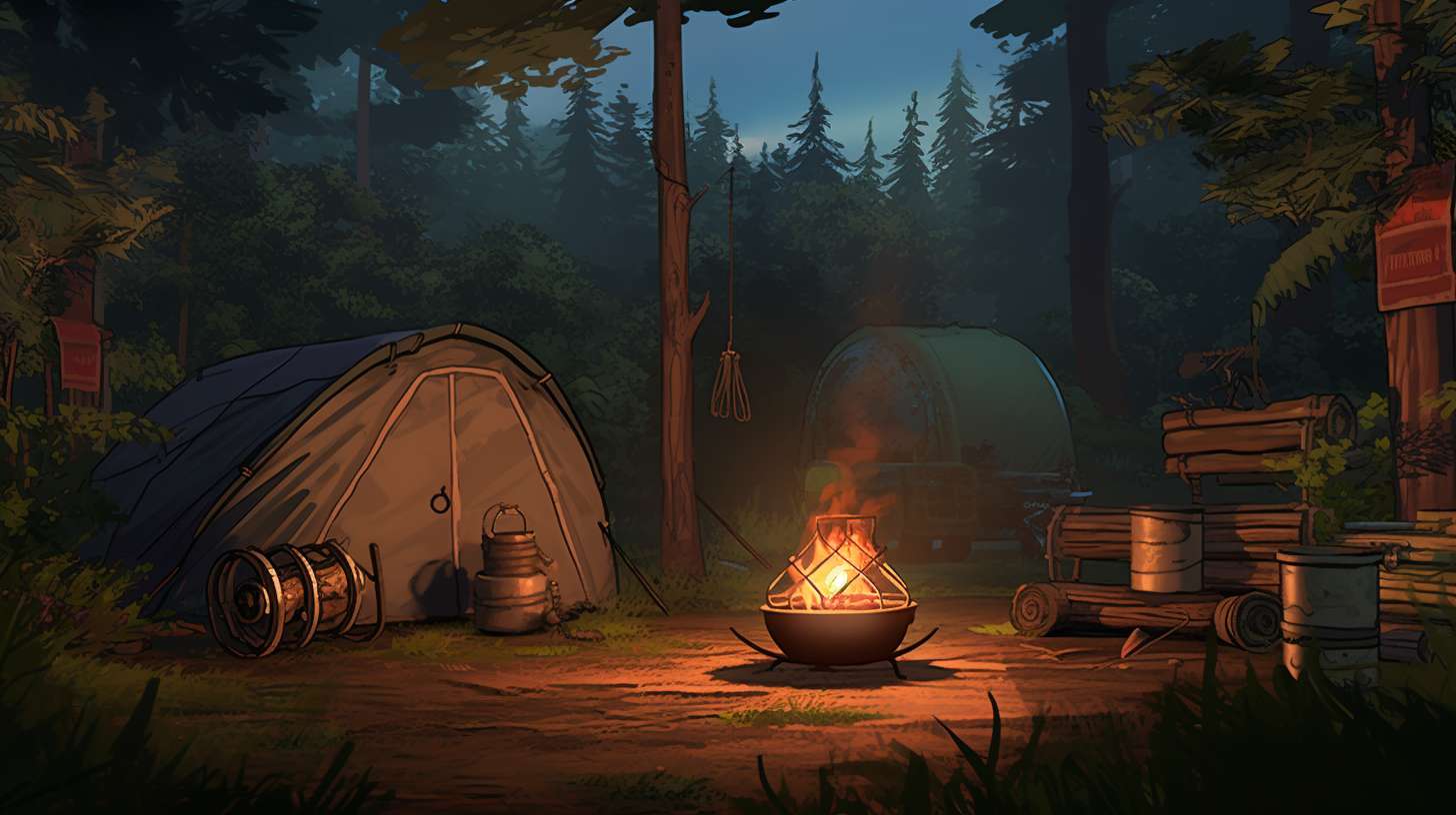 A serene campsite with a crackling campfire surrounded by lush greenery. A half-empty camping propane tank sits beside, indicating the remaining fuel.