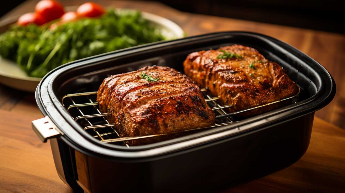 A perfectly golden-brown small meatloaf nestled inside an air fryer basket, with steam rising from the moist and tender slices.