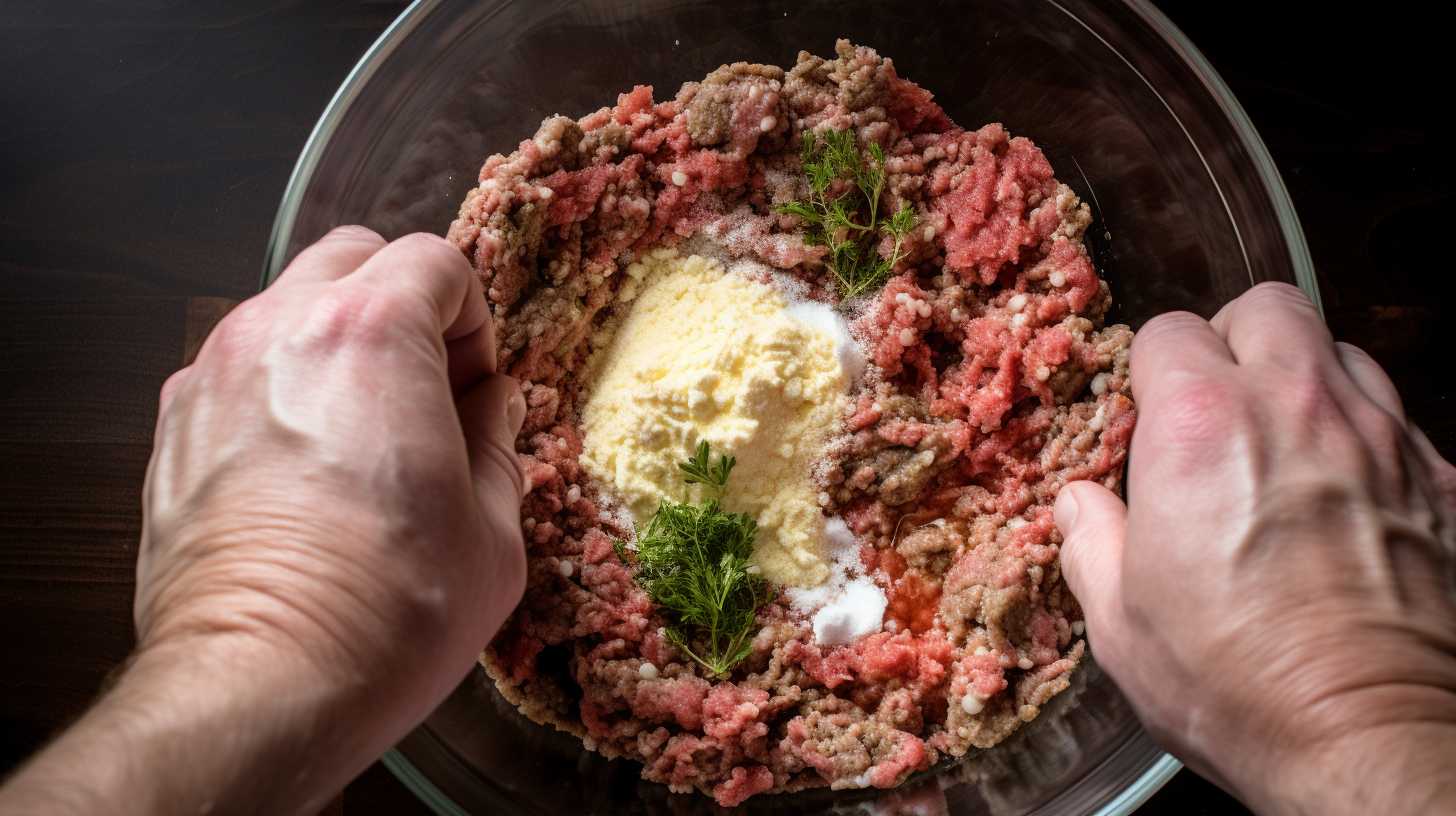 Hands gently kneading a mixture of ground meat, breadcrumbs, eggs, finely chopped onions, and seasonings in a large mixing bowl, ready to be shaped into a small meatloaf for air fryer cooking.