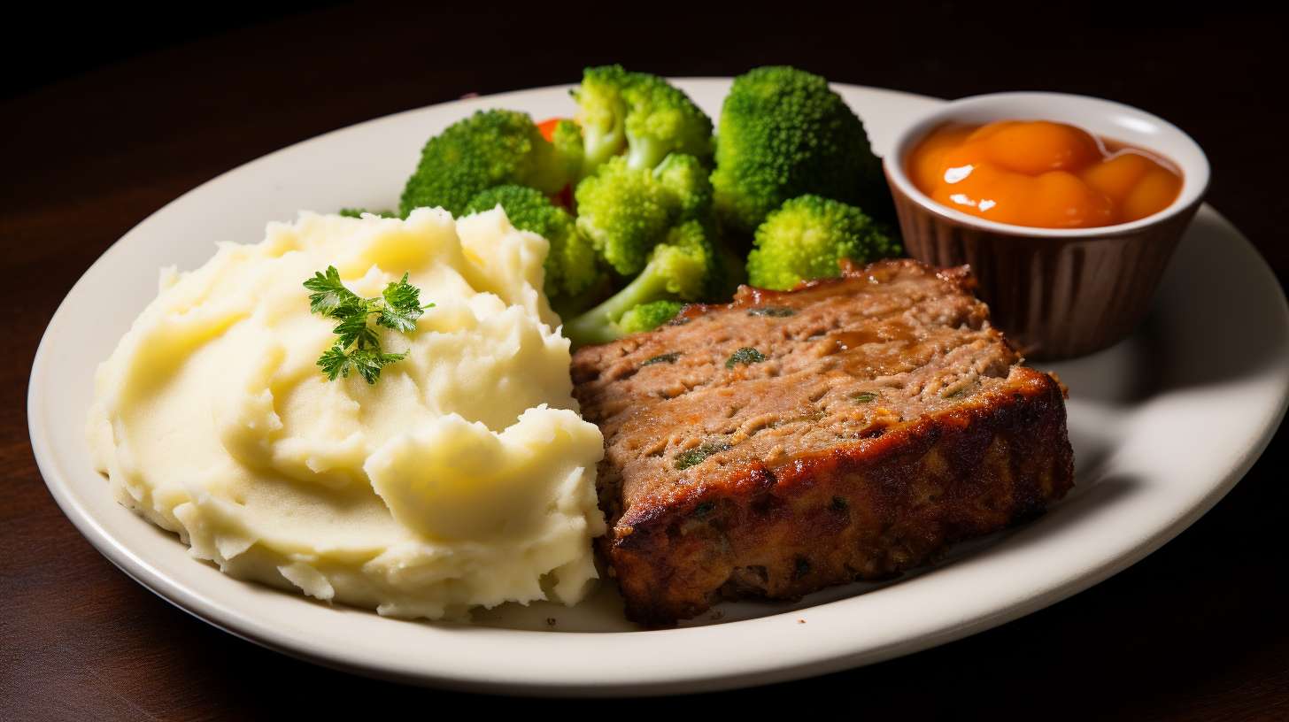 A perfectly cooked small meatloaf in an air fryer, with a golden brown crust, juicy interior, served with mashed potatoes and steamed vegetables.