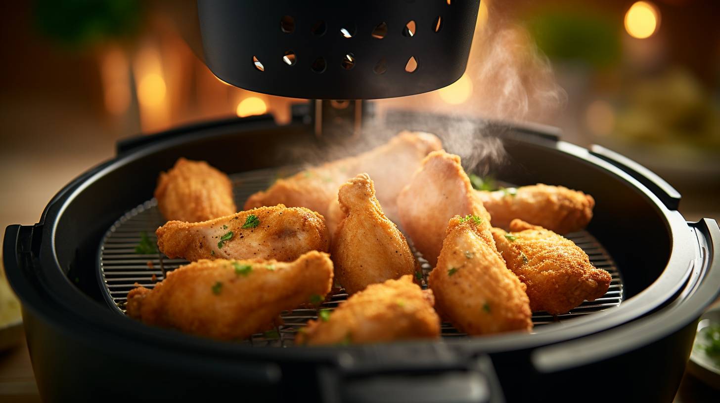 A perfectly golden and crispy small chicken tender sizzling in an air fryer basket with the timer set to 15 minutes. The aroma is mouthwatering and the texture looks delicious.