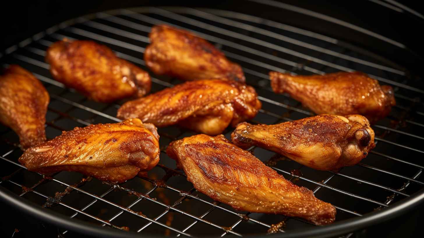 A perfectly crispy golden-brown chicken wing with charred edges and grill marks, placed on a wire rack inside an air fryer.