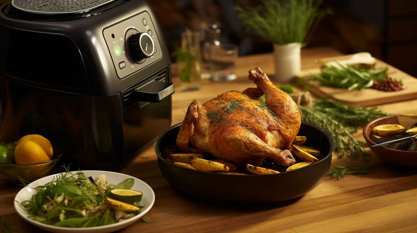 A close-up image of a golden-brown, succulent small chicken perfectly cooked in an air fryer. The chicken has crispy skin, juicy meat, and is garnished with aromatic herbs, exuding irresistible deliciousness.