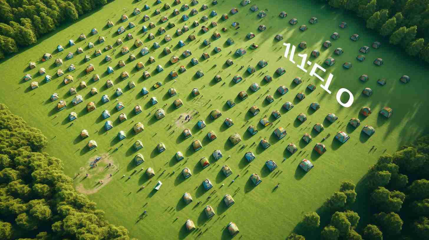 A lush green field with neatly arranged camping tents.