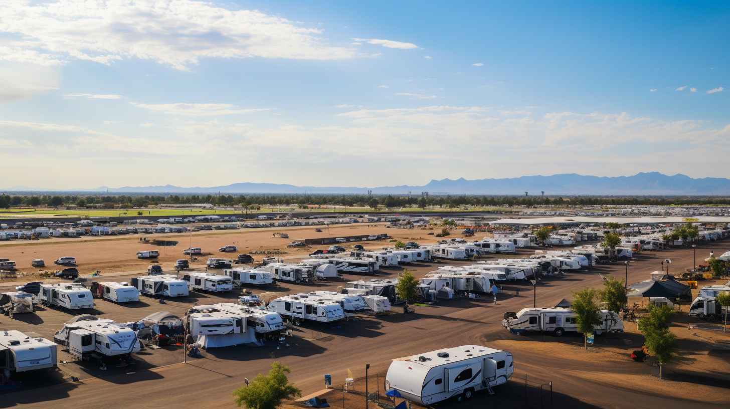 Rows of neatly organized tents and RVs in the vast expanse of Phoenix Raceways camping grounds, surrounded by lush greenery and the stunning backdrop of the Arizona desert.