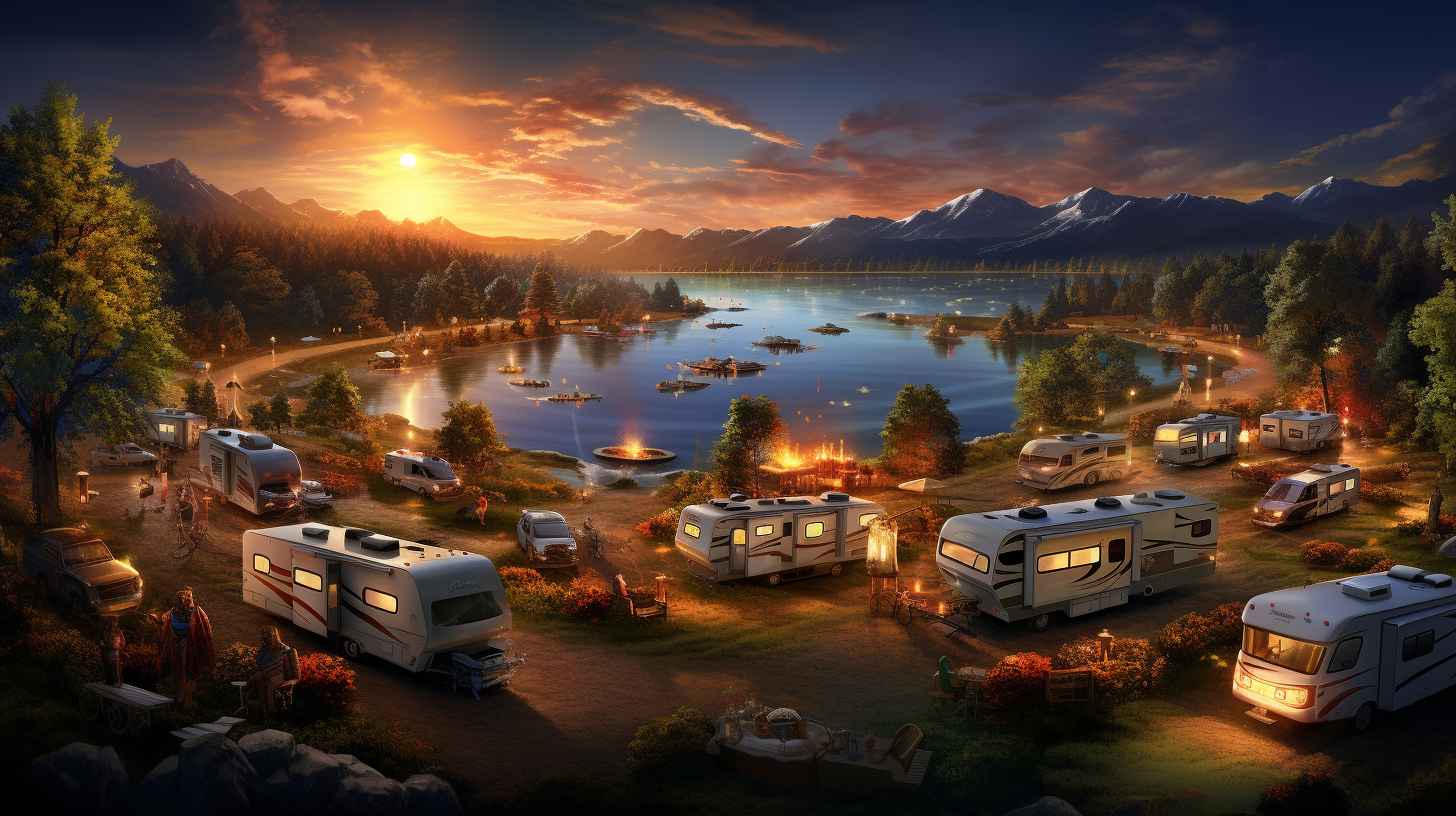 A bustling campground set against California's picturesque landscape. Campers are seen enjoying various activities, with RVs lining the site and a strong sense of community.